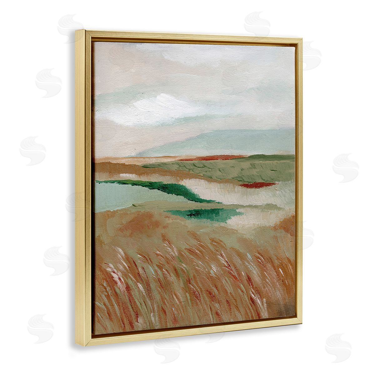 Nikita Jariwala Abstract Pasture with River Gold Floating Frame Canvas Wall Art Print