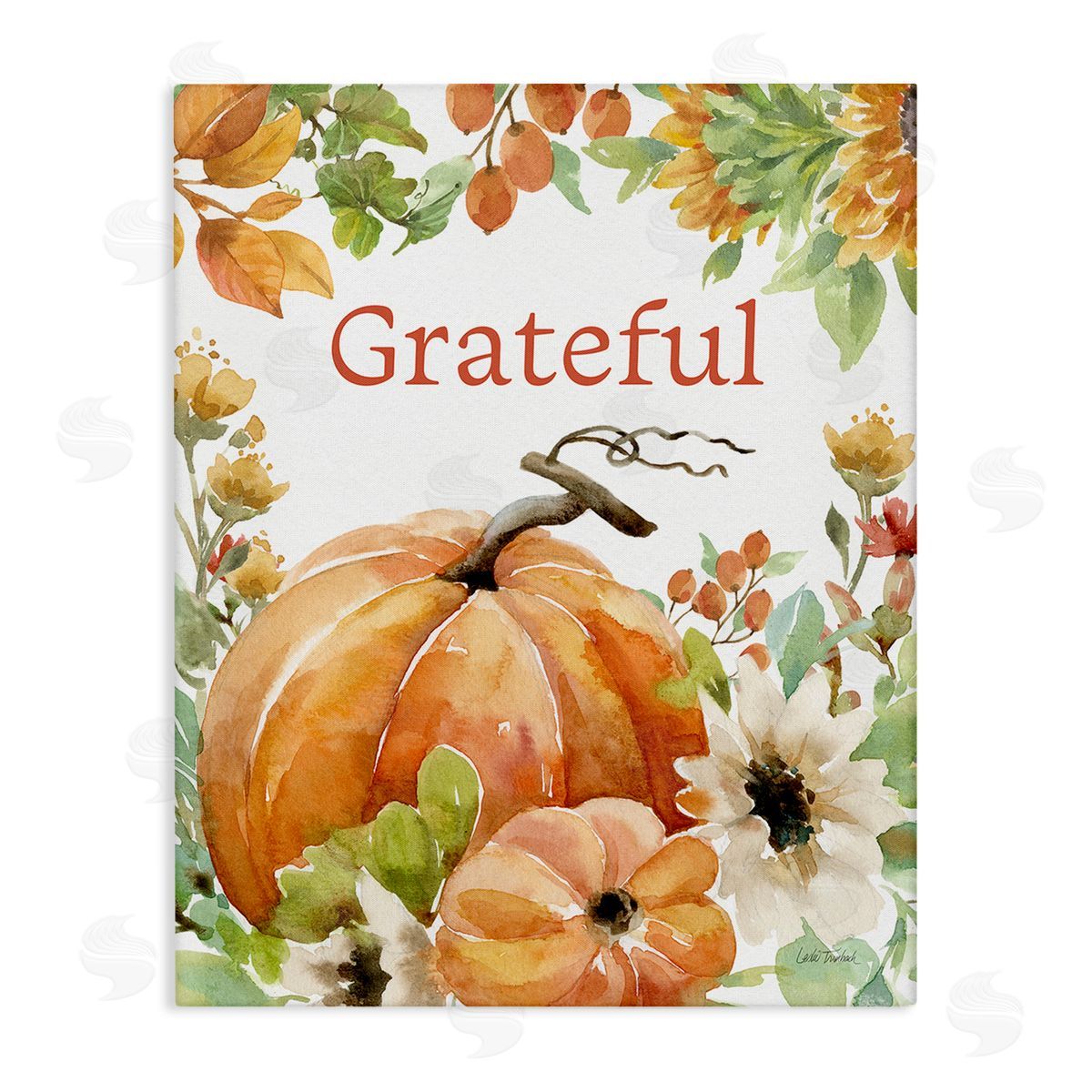 Leslie Trimbach Grateful Pumpkins & Flowers Canvas Wall Art Print