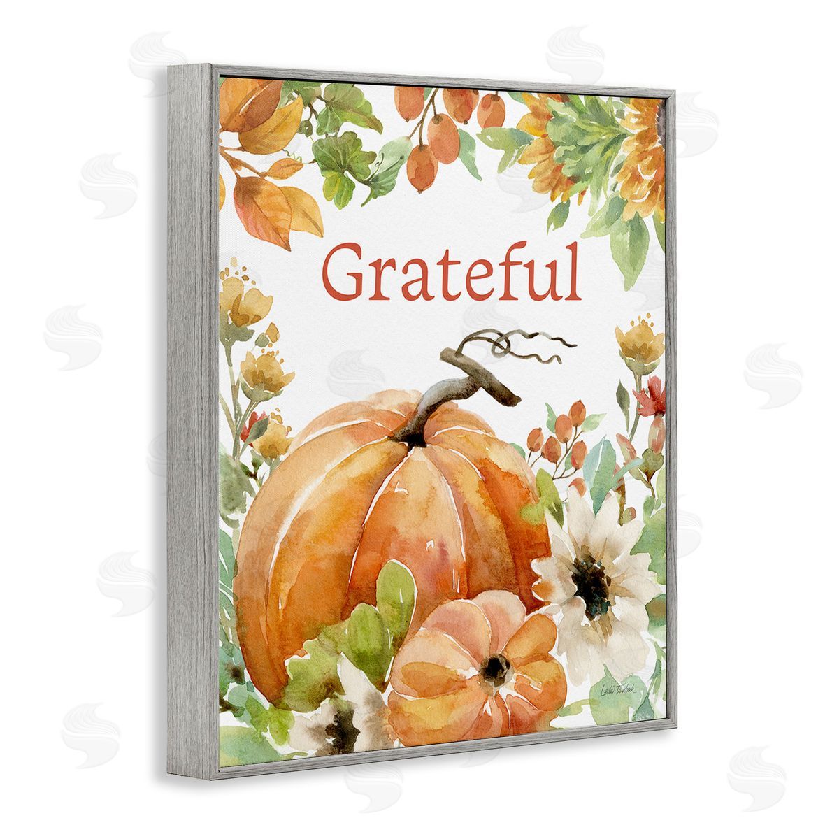 Leslie Trimbach Grateful Pumpkins & Flowers Gray Framed Giclee Wall Art Print