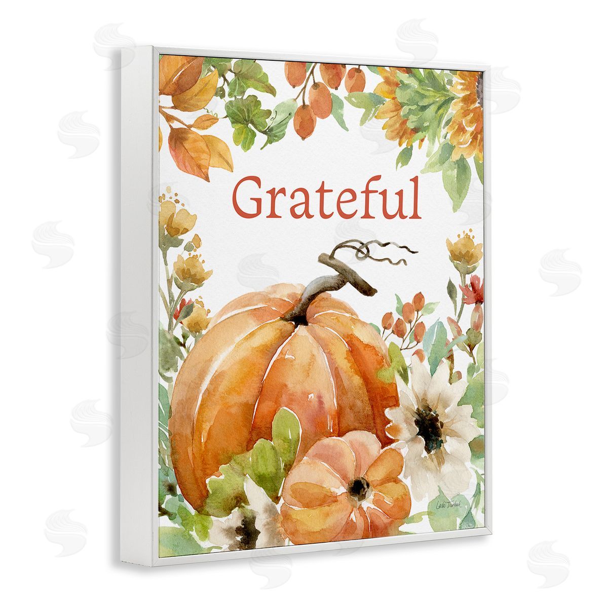 Leslie Trimbach Grateful Pumpkins & Flowers White Framed Giclee Wall Art Print