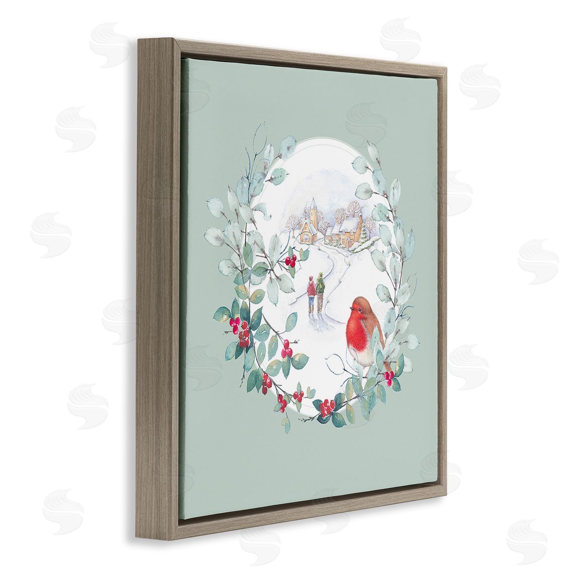 Julie Clay Winter Scene with Border Brown Floating Frame Canvas Wall Art Print