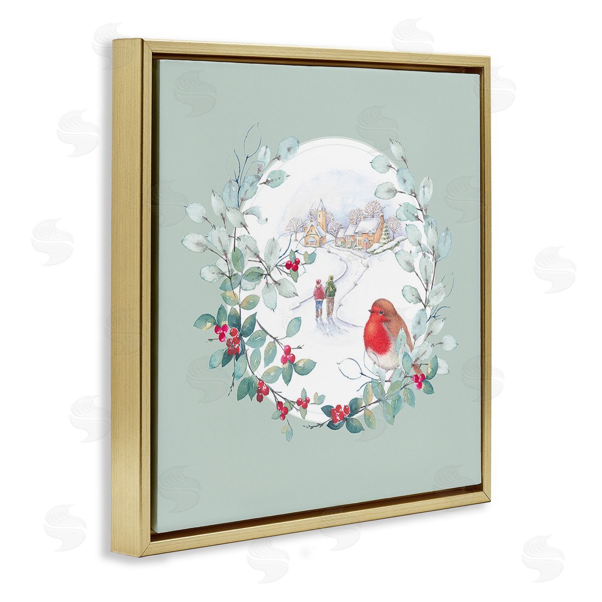 Julie Clay Winter Scene with Border Gold Floating Frame Canvas Wall Art Print