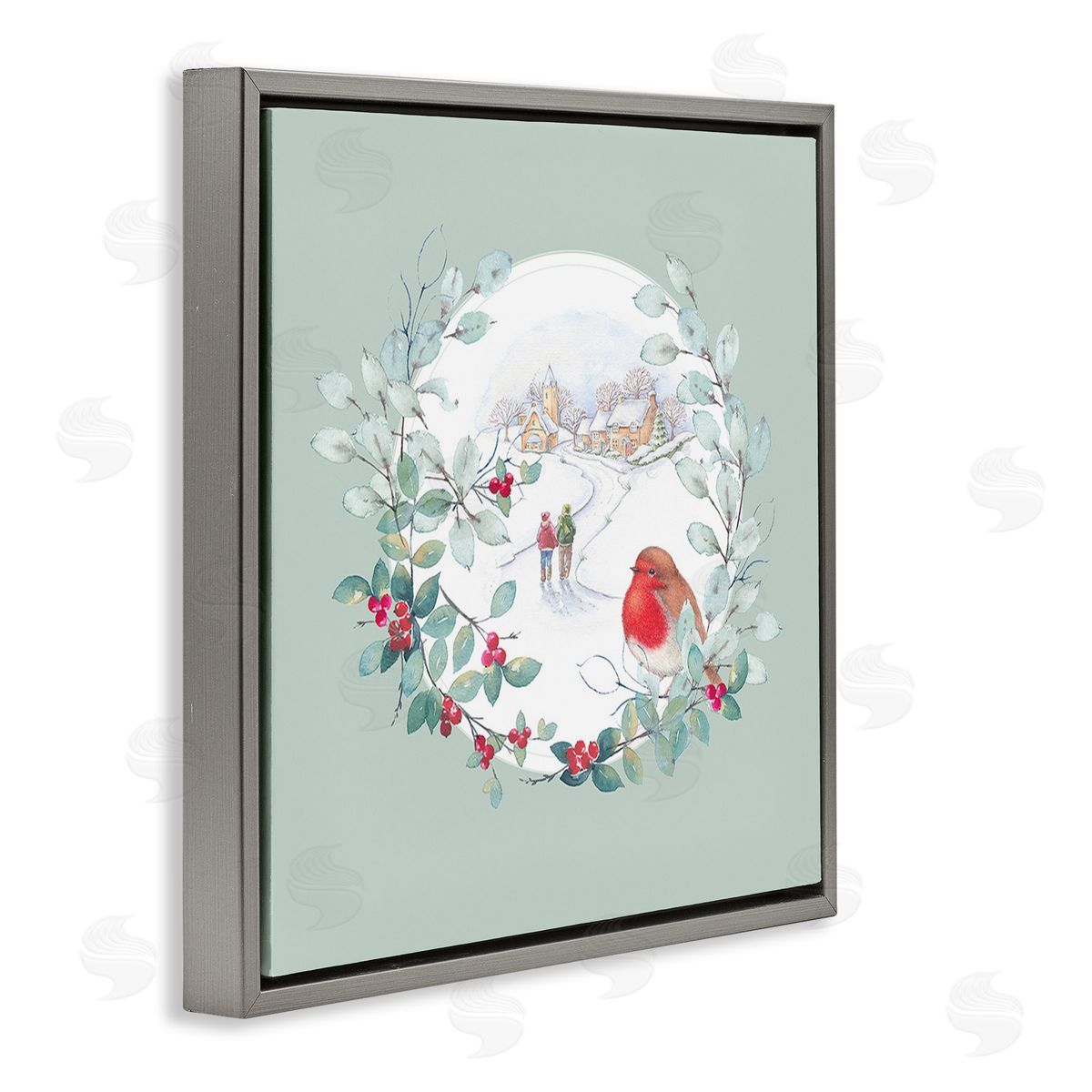 Julie Clay Winter Scene with Border Gray Floating Frame Canvas Wall Art Print