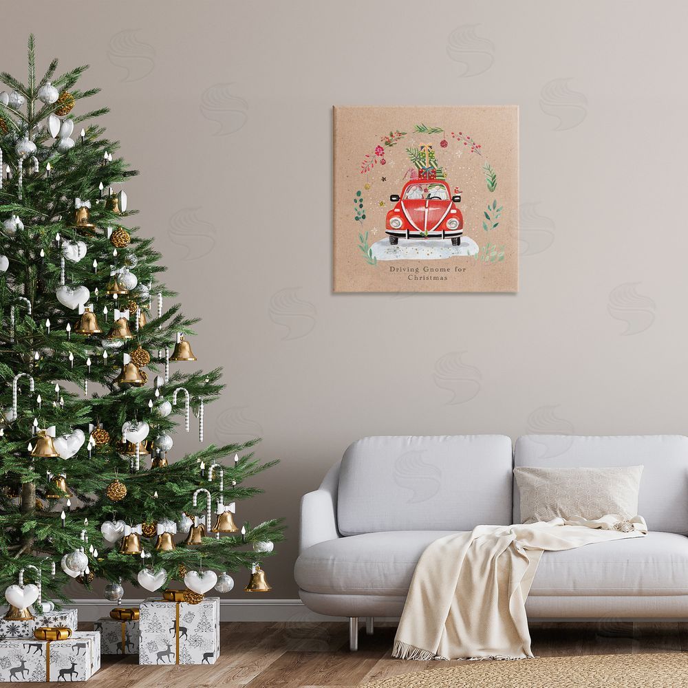 Sally Darby Driving Gnome For Christmas Canvas Wall Art Print in Room