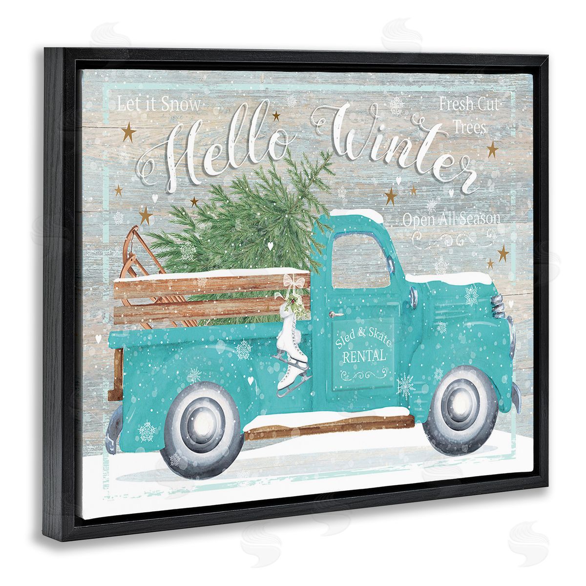 Karen Tye Bentley Rustic Hello Winter Truck Black Floating Frame Canvas Wall Art Print