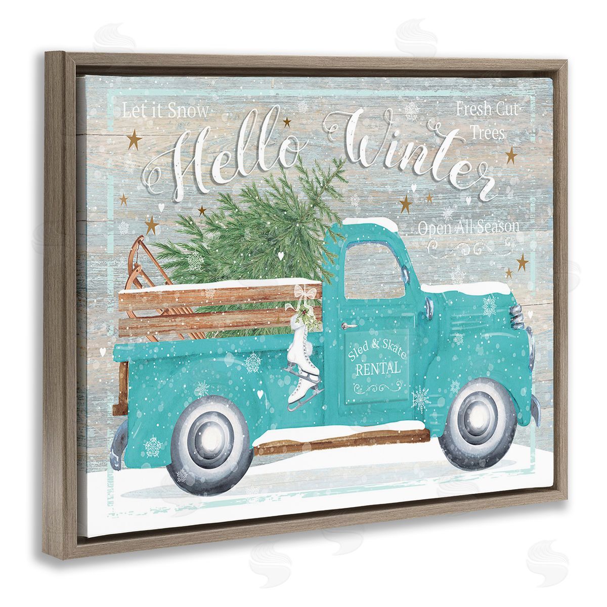 Karen Tye Bentley Rustic Hello Winter Truck Brown Floating Frame Canvas Wall Art Print