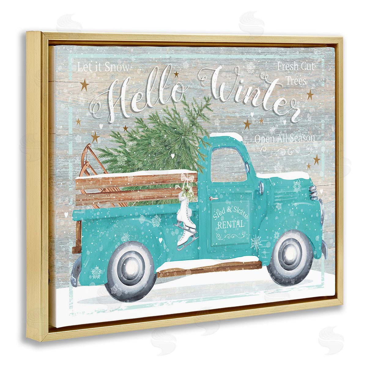 Karen Tye Bentley Rustic Hello Winter Truck Gold Floating Frame Canvas Wall Art Print