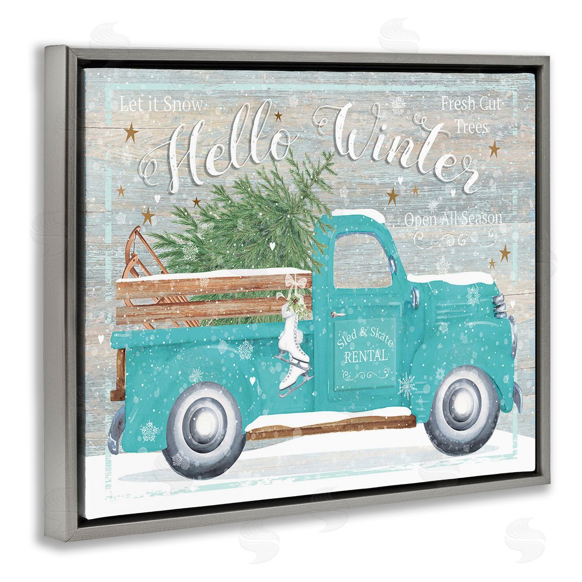 Karen Tye Bentley Rustic Hello Winter Truck Gray Floating Frame Canvas Wall Art Print