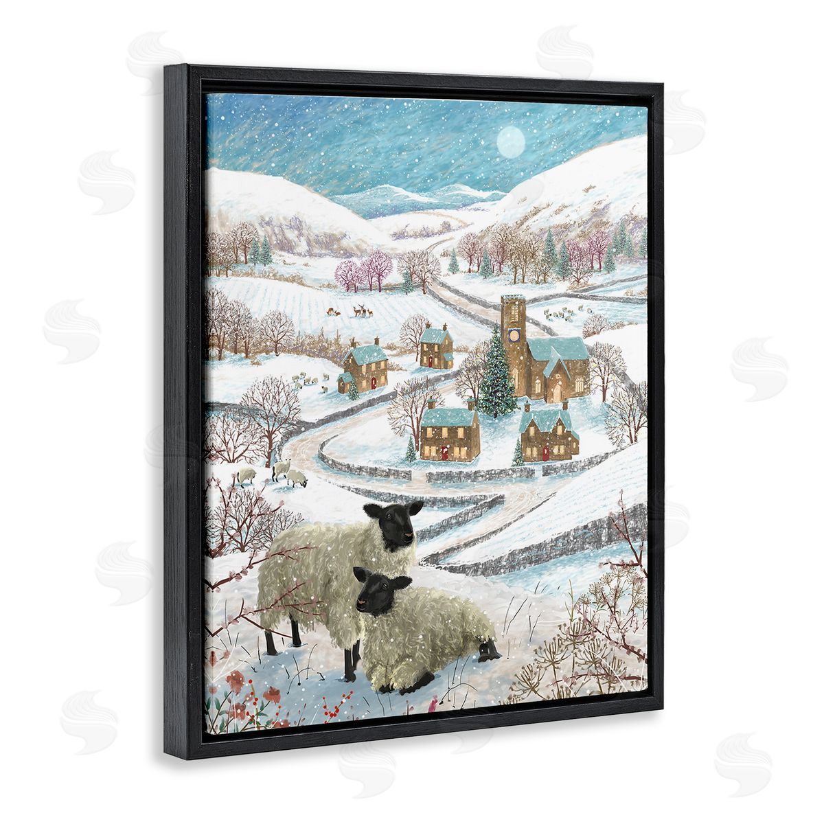 Pip Wilson Sheep on Wintery Hill Black Floating Frame Canvas Wall Art Print