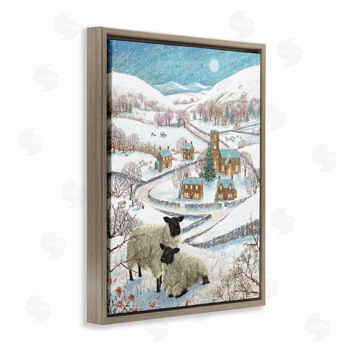 Pip Wilson Sheep on Wintery Hill Brown Floating Frame Canvas Wall Art Print