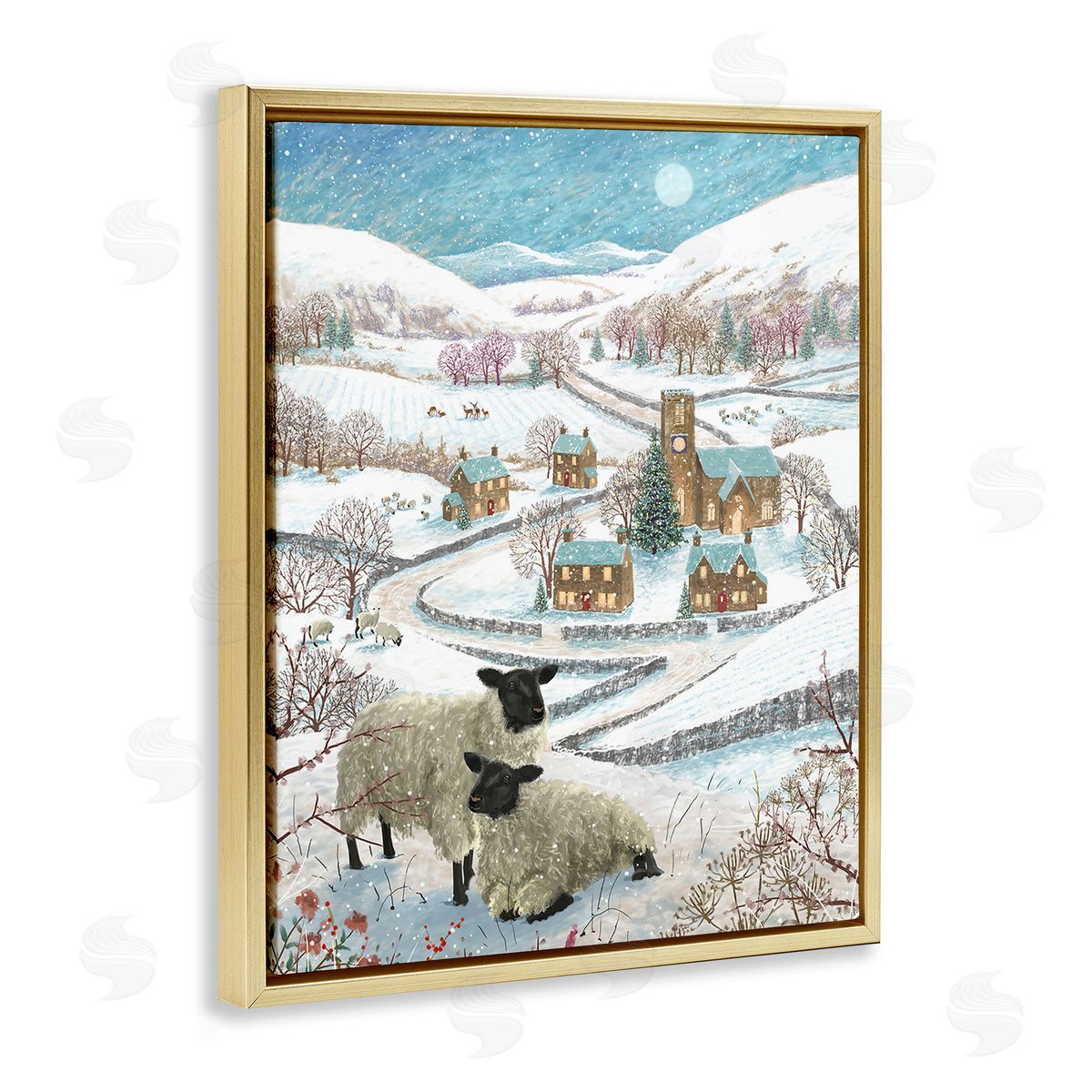 Pip Wilson Sheep on Wintery Hill Gold Floating Frame Canvas Wall Art Print