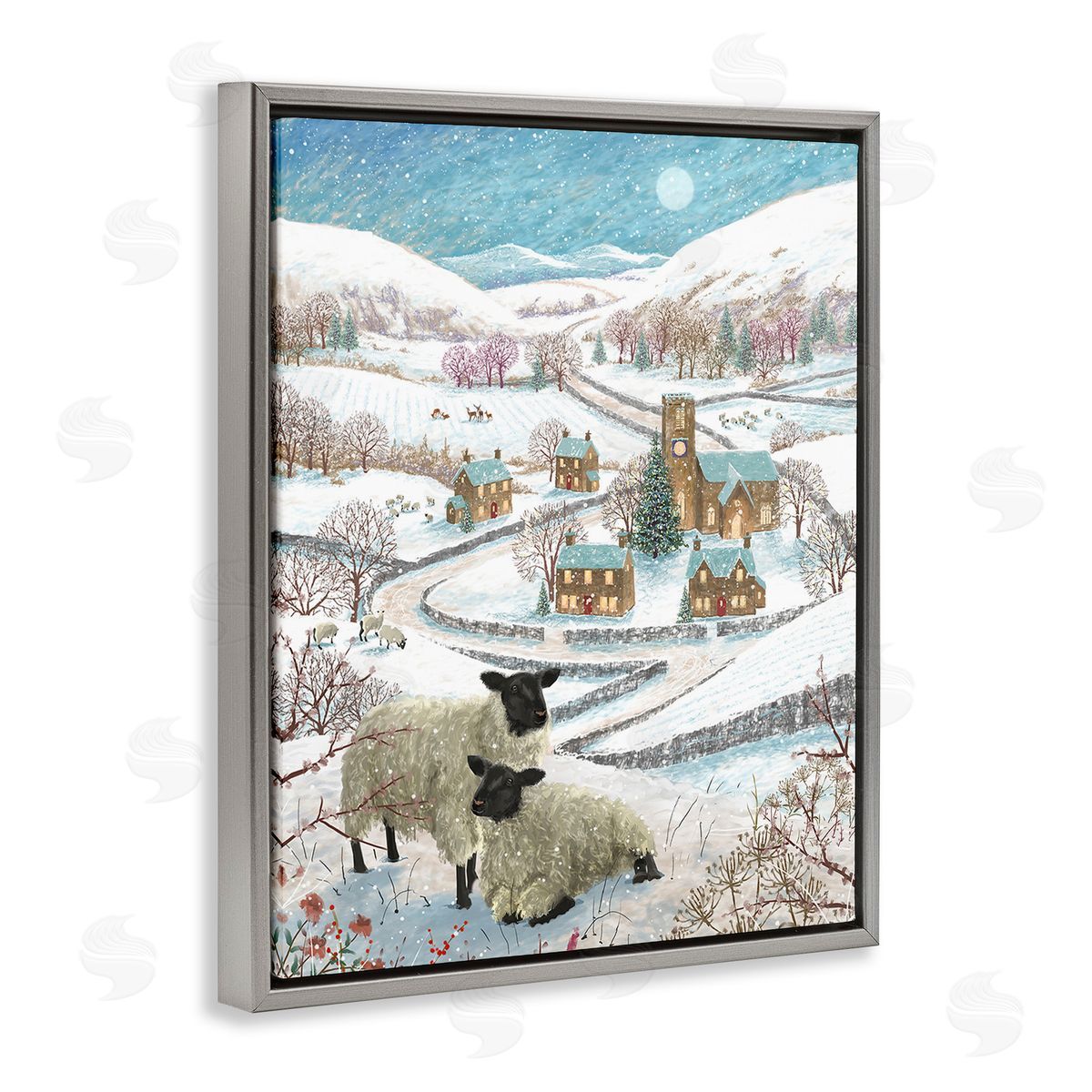 Pip Wilson Sheep on Wintery Hill Gray Floating Frame Canvas Wall Art Print