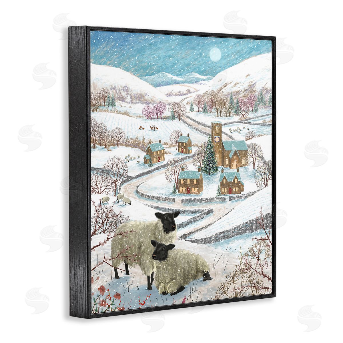 Pip Wilson Sheep on Wintery Hill Black Framed Giclee Wall Art Print