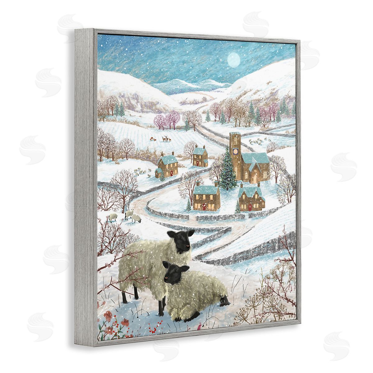 Pip Wilson Sheep on Wintery Hill Gray Framed Giclee Wall Art Print