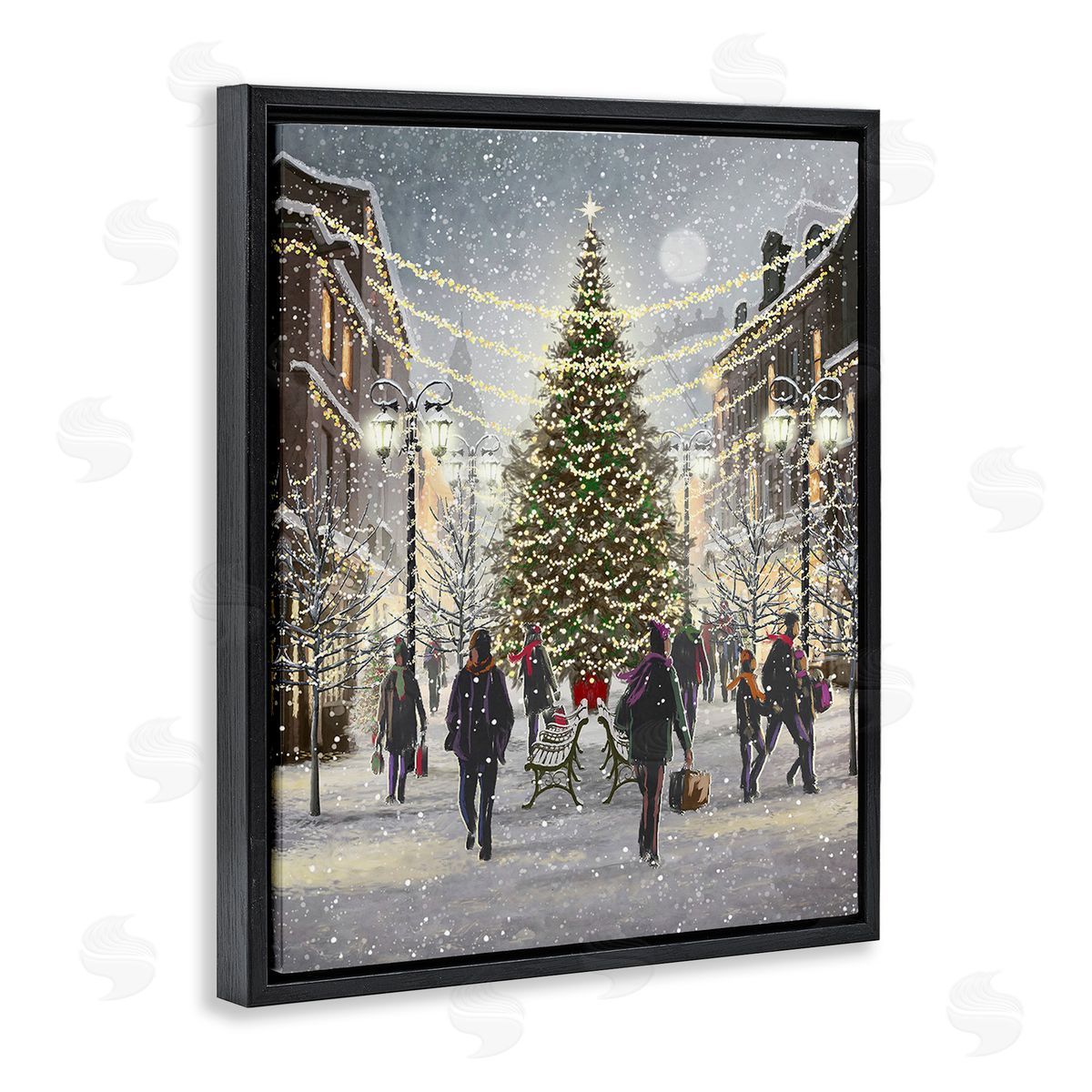 Pip Wilson Town Christmas Tree Black Floating Frame Canvas Wall Art Print