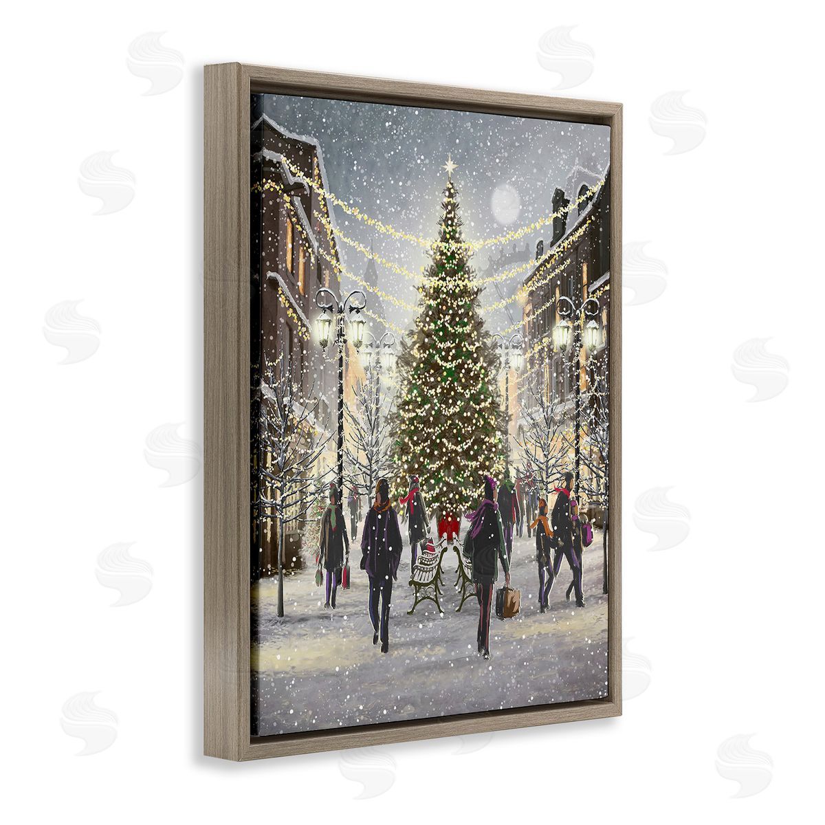 Pip Wilson Town Christmas Tree Brown Floating Frame Canvas Wall Art Print