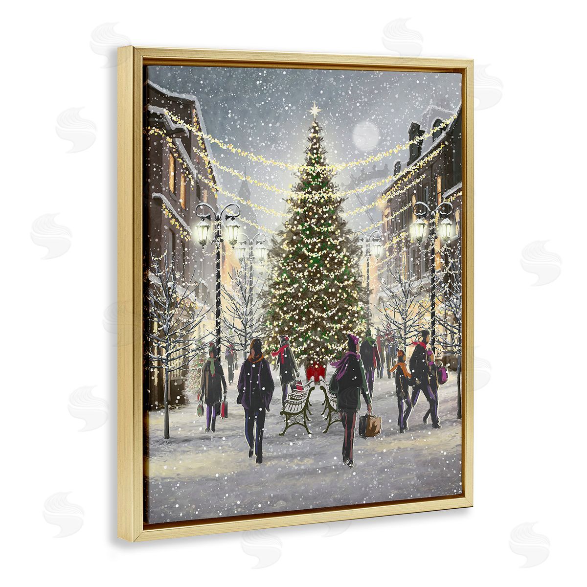 Pip Wilson Town Christmas Tree Gold Floating Frame Canvas Wall Art Print