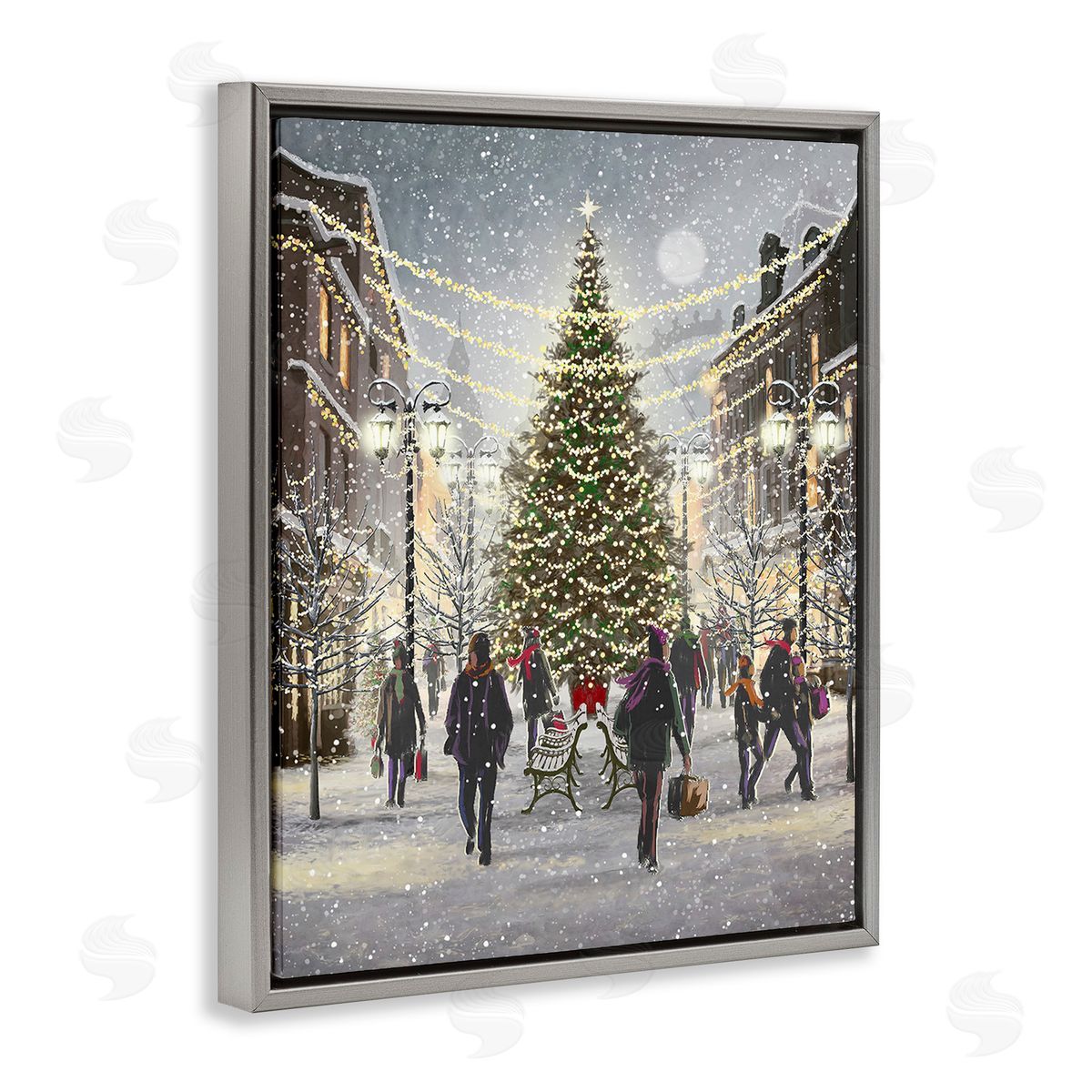 Pip Wilson Town Christmas Tree Gray Floating Frame Canvas Wall Art Print
