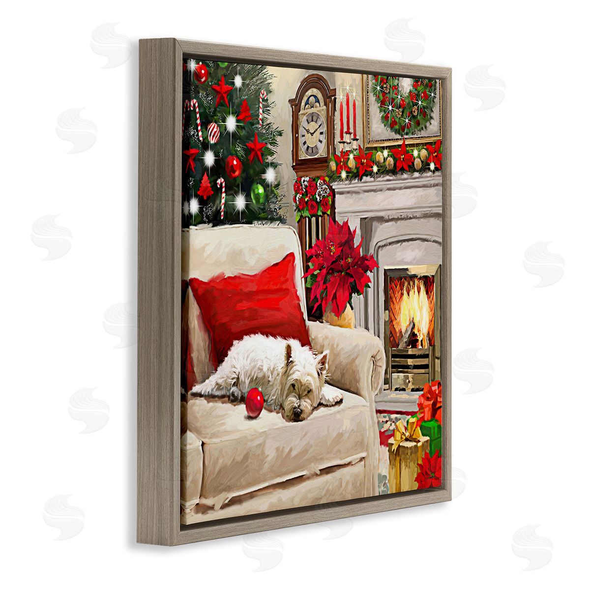 Adam Sanderson Cozy Dog by Holiday Mantle Brown Floating Frame Canvas Wall Art Print