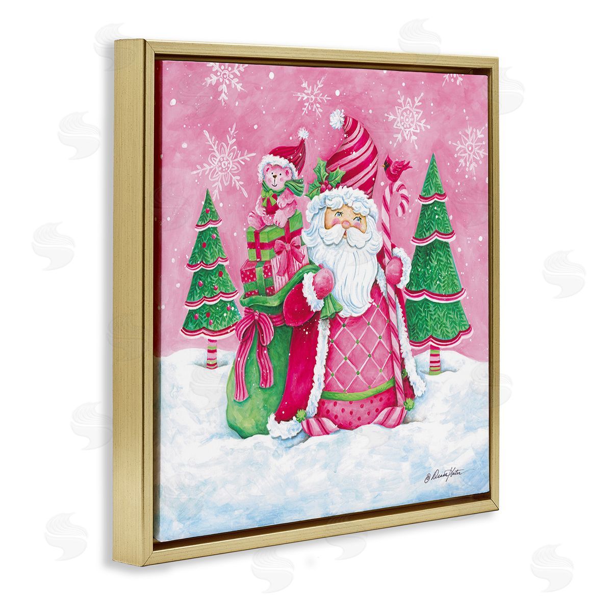 Diane Kater Pink & Green Santa Scene Gold Floating Frame Canvas Wall Art Print