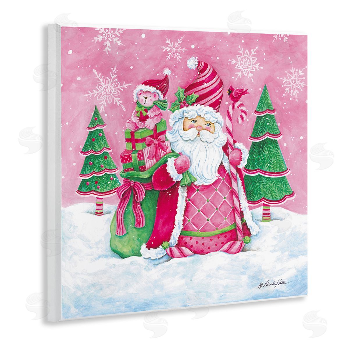 Diane Kater Pink & Green Santa Scene Wooden Wall Plaque Art Print