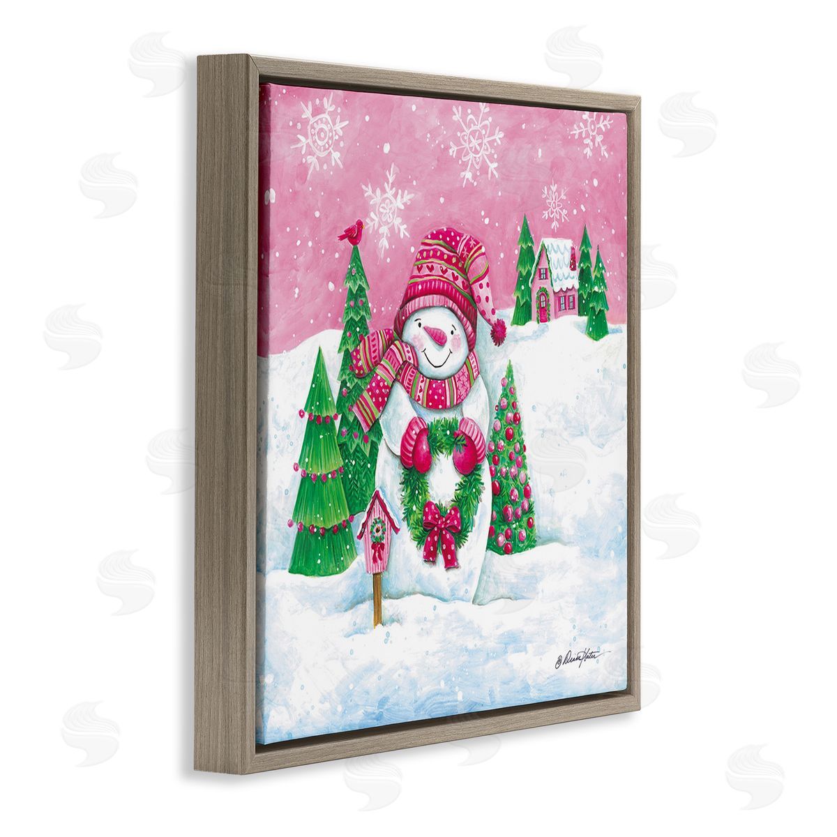 Diane Kater Scenic Winter Snowman Brown Floating Frame Canvas Wall Art Print