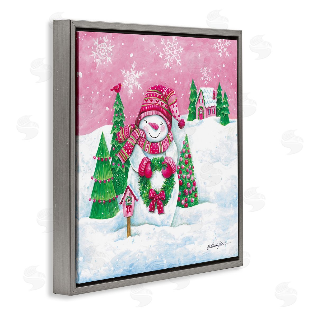 Diane Kater Scenic Winter Snowman Gray Floating Frame Canvas Wall Art Print