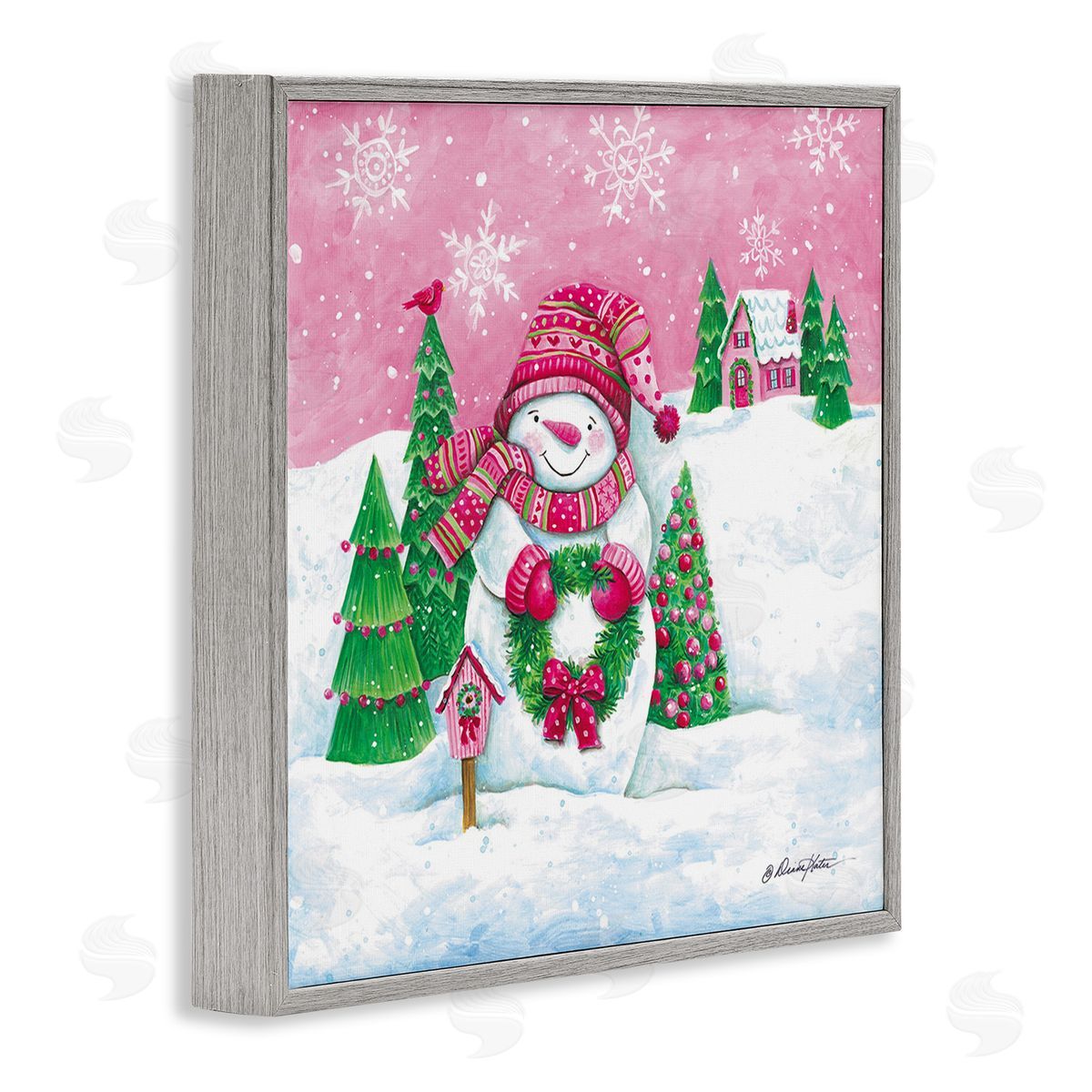 Diane Kater Scenic Winter Snowman Gray Framed Giclee Wall Art Print