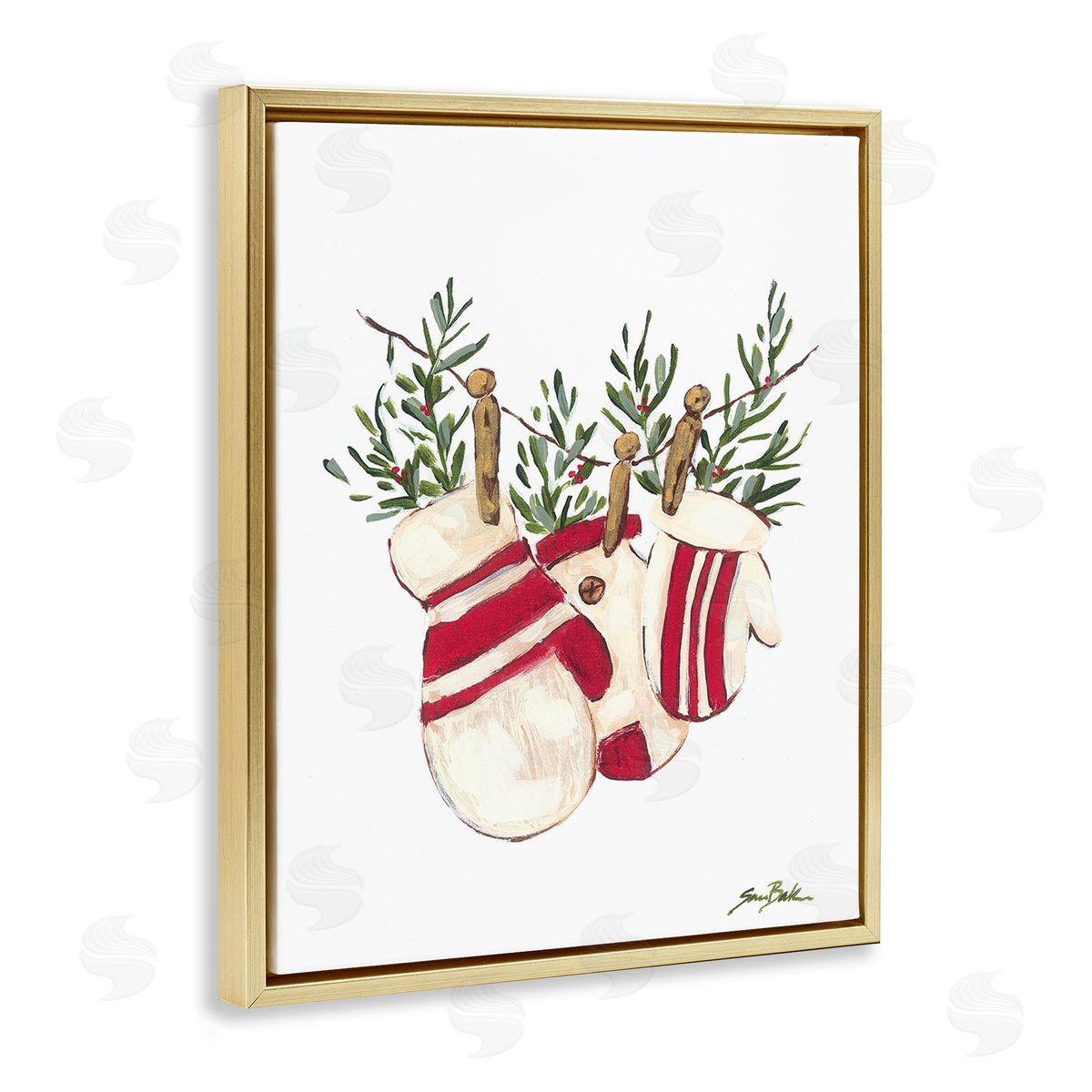 Sara Baker Winter Mittens on Clothesline Gold Floating Frame Canvas Wall Art Print