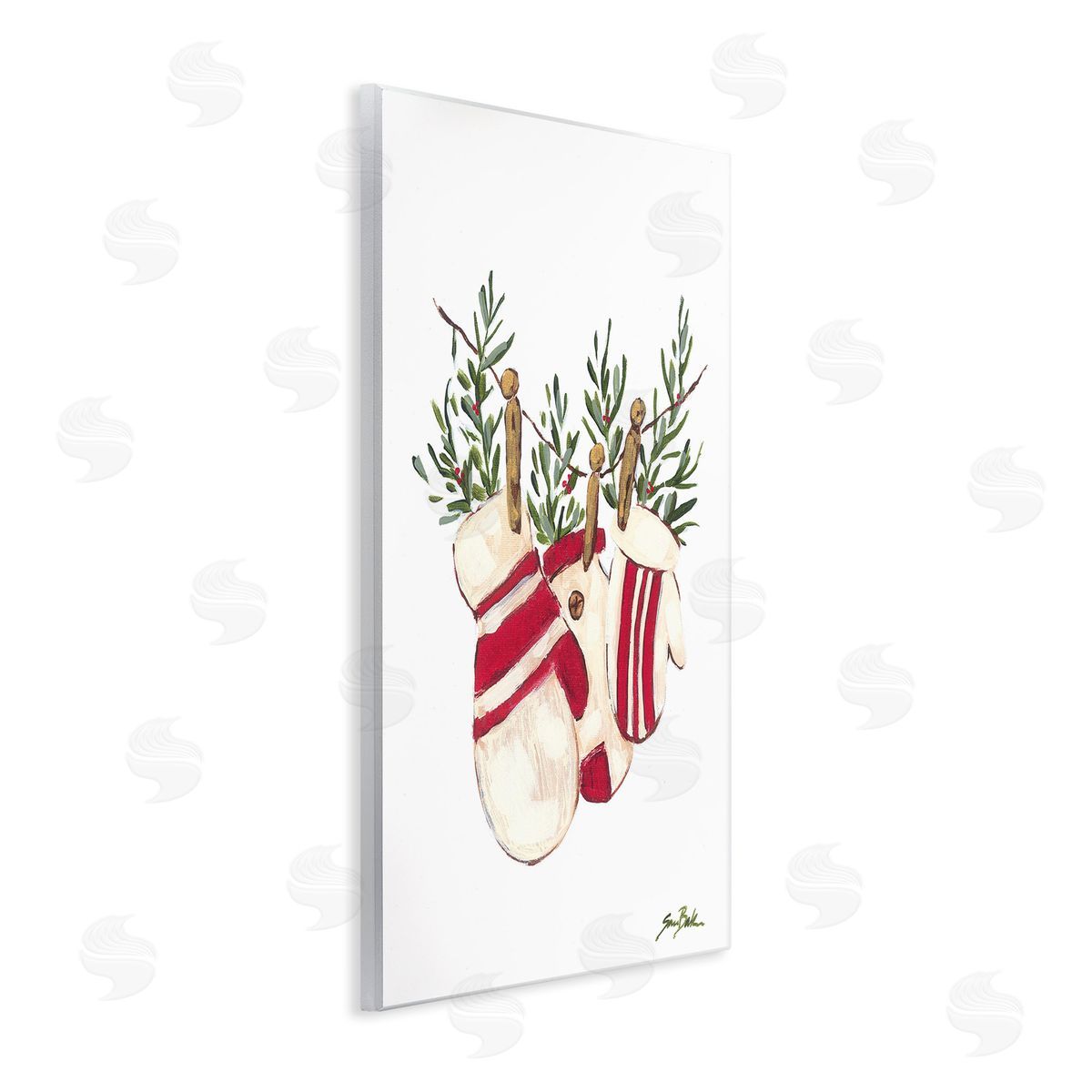 Sara Baker Winter Mittens on Clothesline Wooden Wall Plaque Art Print