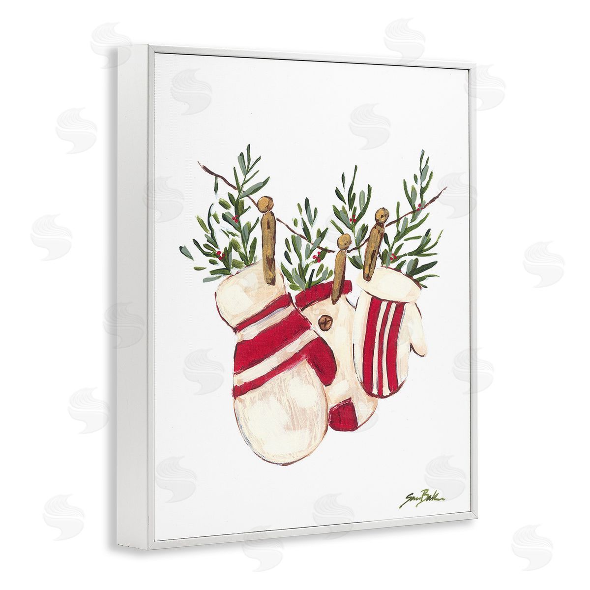 Sara Baker Winter Mittens on Clothesline White Framed Giclee Wall Art Print