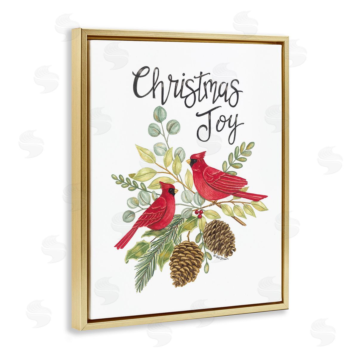 Deb Strain Christmas Joy Cardinals Gold Floating Frame Canvas Wall Art Print