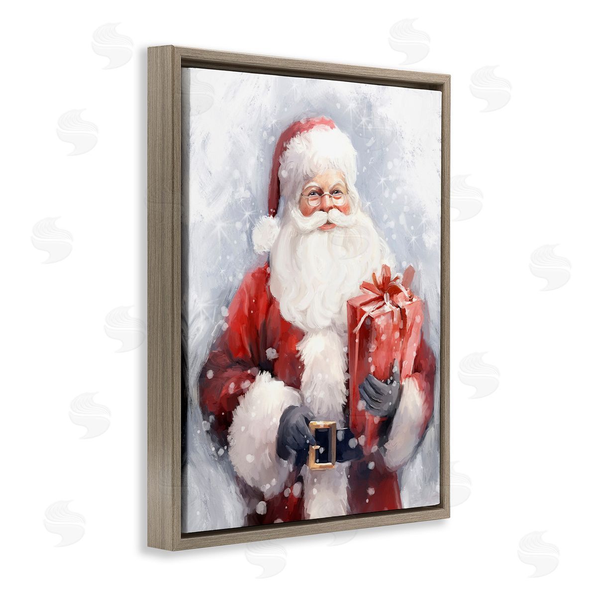 Ramona Murdock Santa with Red Gift Brown Floating Frame Canvas Wall Art Print