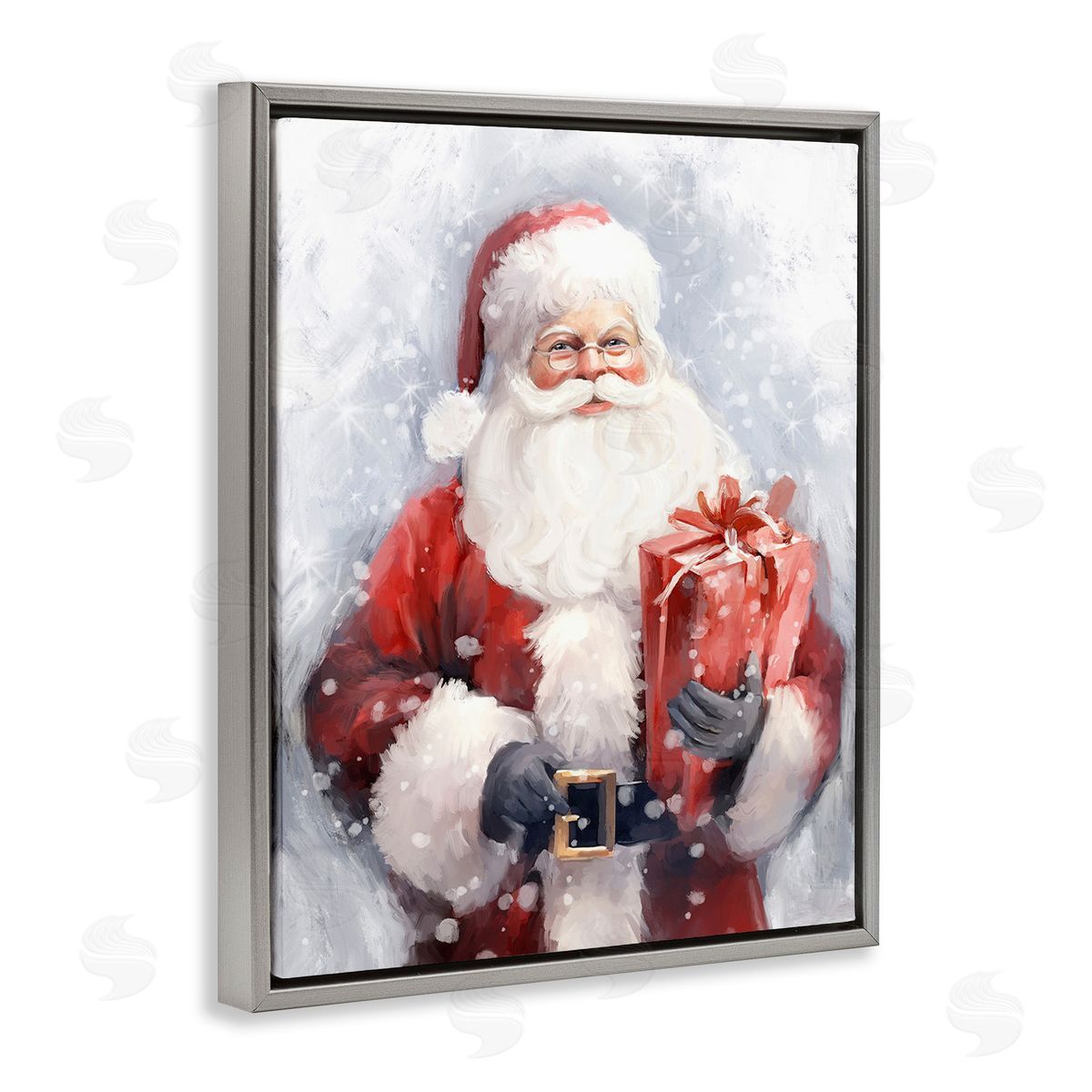 Ramona Murdock Santa with Red Gift Gray Floating Frame Canvas Wall Art Print