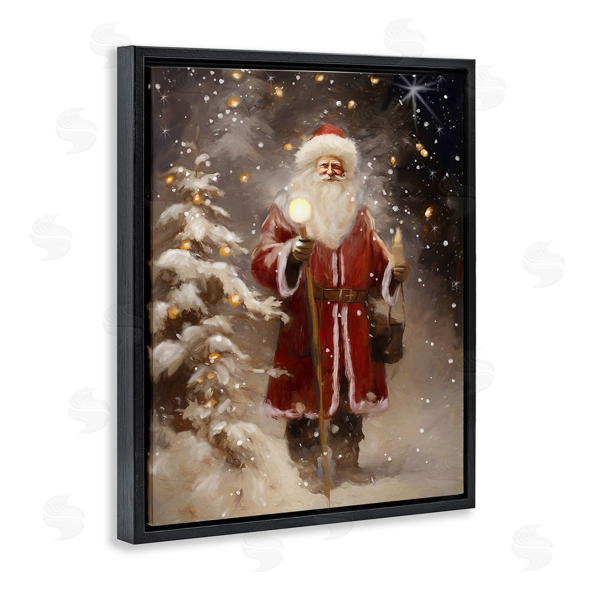Ramona Murdock Santa in Snowy Night Scene Black Floating Frame Canvas Wall Art Print