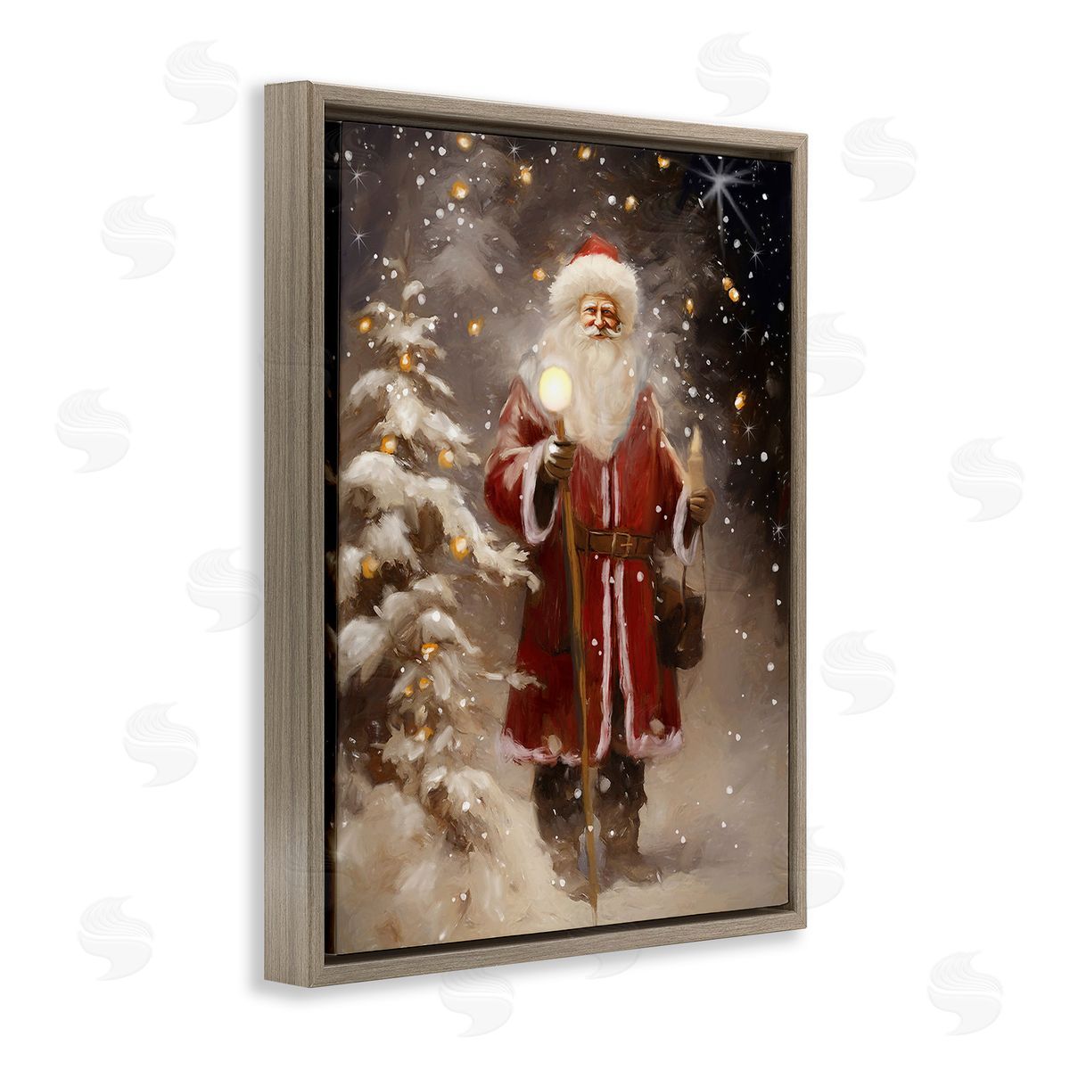 Ramona Murdock Santa in Snowy Night Scene Brown Floating Frame Canvas Wall Art Print