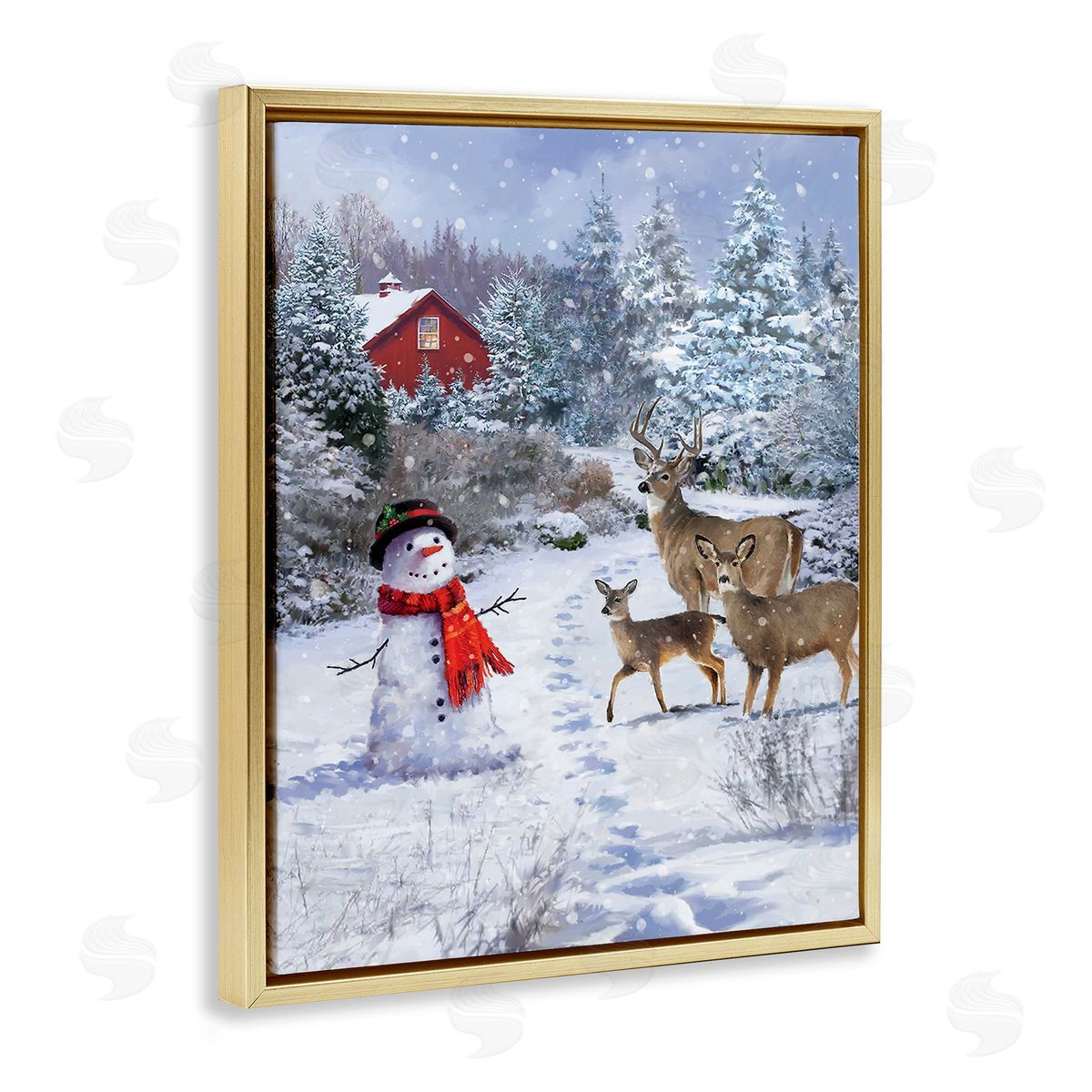 Jason Kirk Reindeer & Snowman Landscape Gold Floating Frame Canvas Wall Art Print
