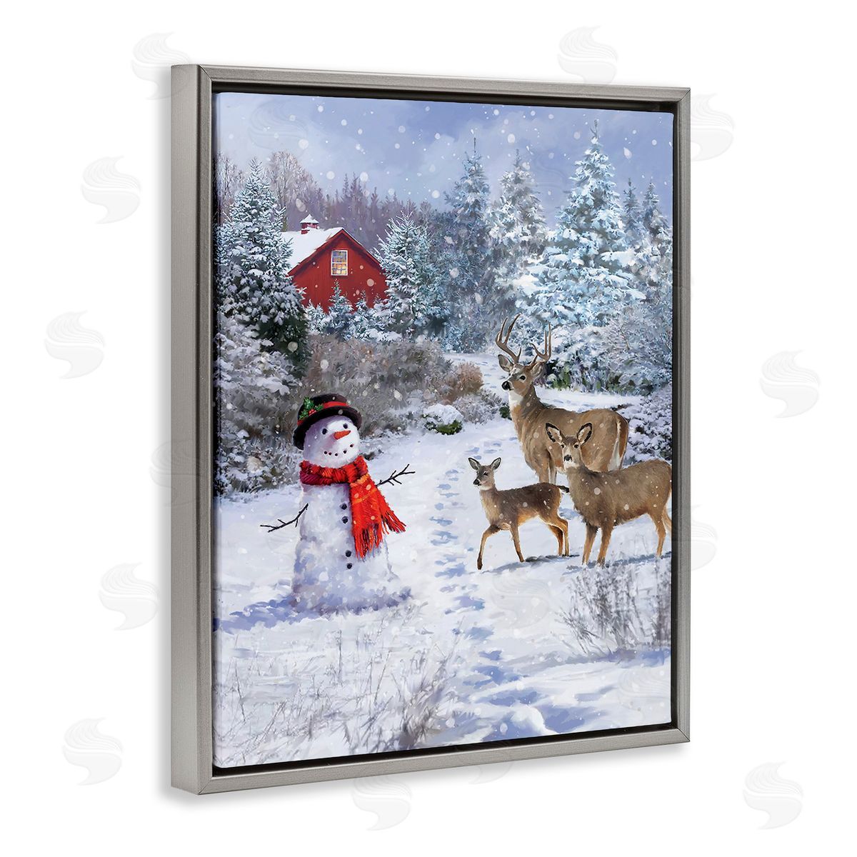 Jason Kirk Reindeer & Snowman Landscape Gray Floating Frame Canvas Wall Art Print