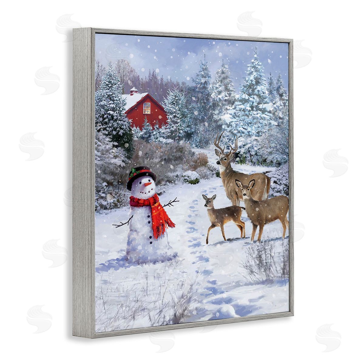 Jason Kirk Reindeer & Snowman Landscape Gray Framed Giclee Wall Art Print