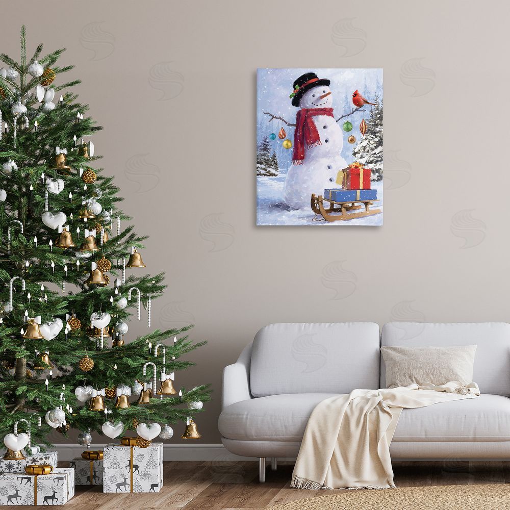 Jason Kirk Snowman with Gift Sled Canvas Wall Art Print in Room