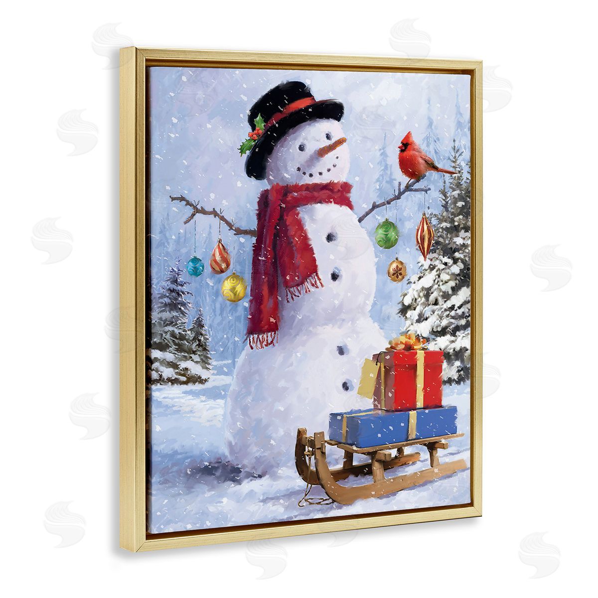 Jason Kirk Snowman with Gift Sled Gold Floating Frame Canvas Wall Art Print