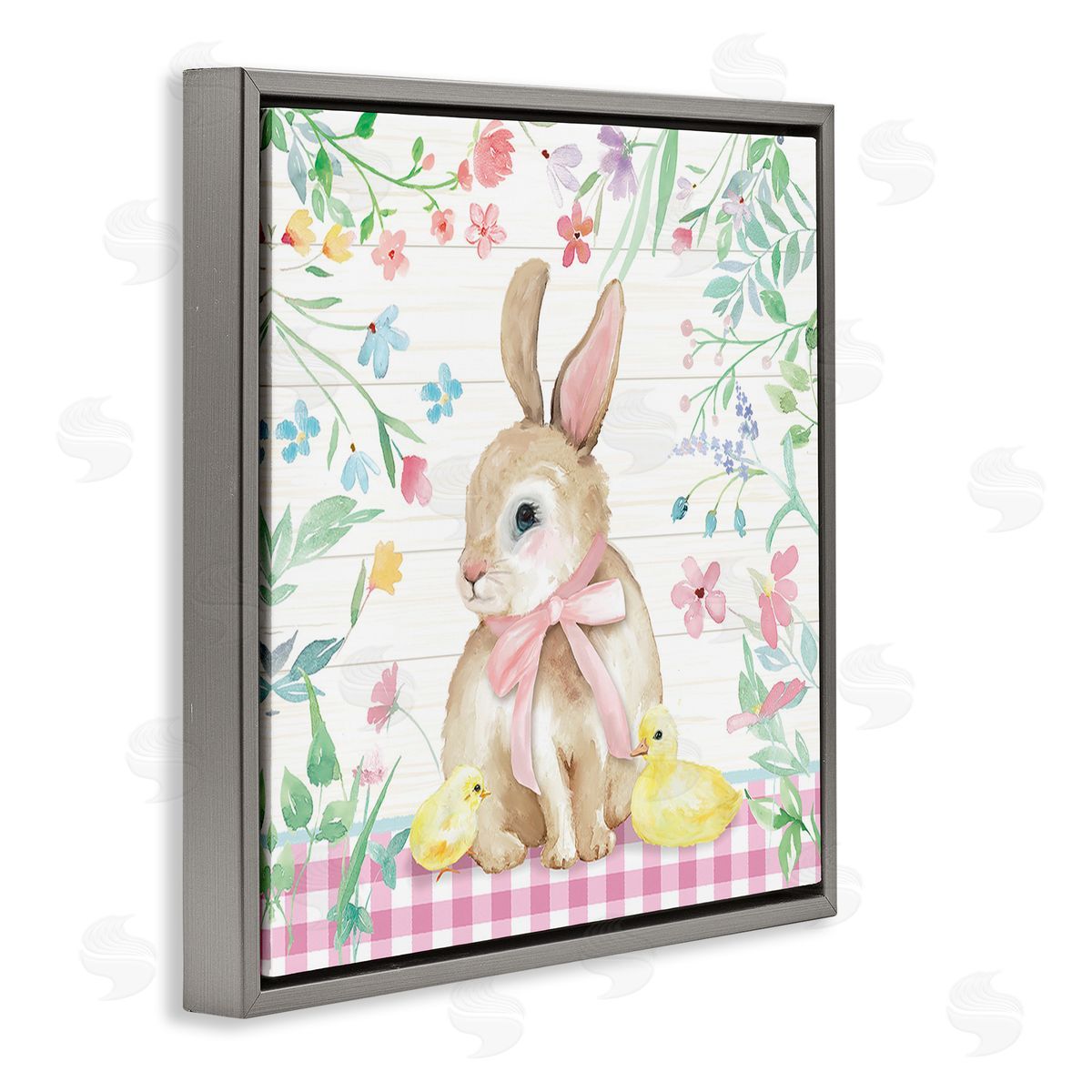 Mollie B. Easter Bunny & Chicks Gray Floating Frame Canvas Wall Art Print
