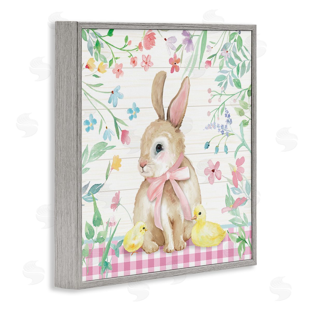 Mollie B. Easter Bunny & Chicks Gray Framed Giclee Wall Art Print