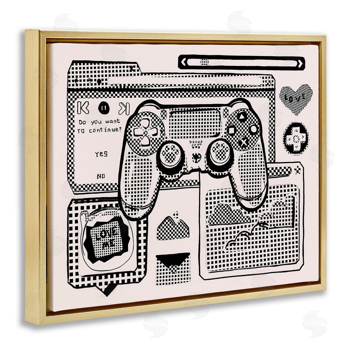 Melissa Wang Retro Gamer Collage Gold Floating Frame Canvas Wall Art Print