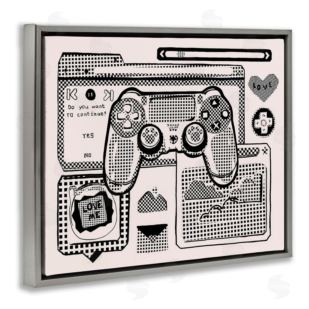 Melissa Wang Retro Gamer Collage Gray Floating Frame Canvas Wall Art Print