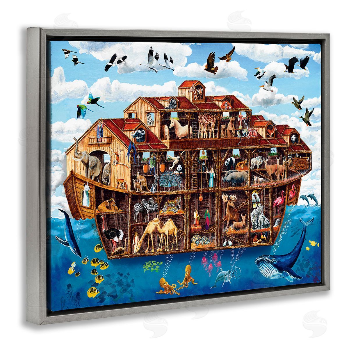 Art Poulin Noah's Ark Animals Gray Floating Frame Canvas Wall Art Print