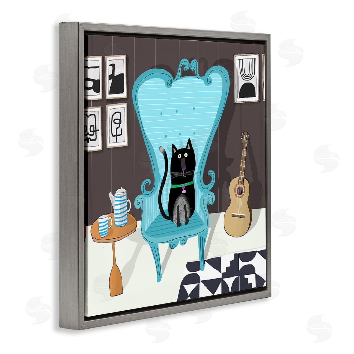 Carla Daly Cat in Modern Room Gray Floating Frame Canvas Wall Art Print