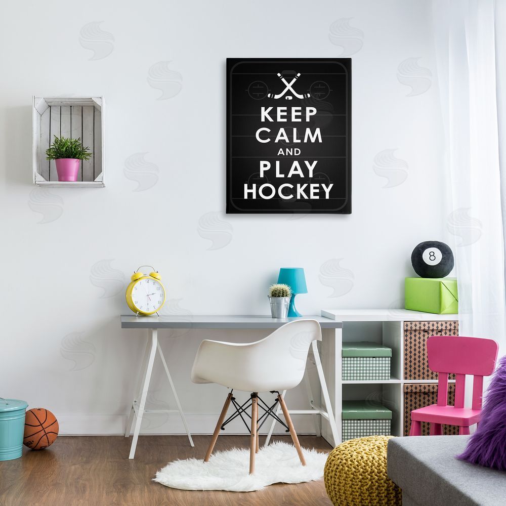 Jace Grey Keep Calm & Play Hockey Canvas Wall Art Print in Room
