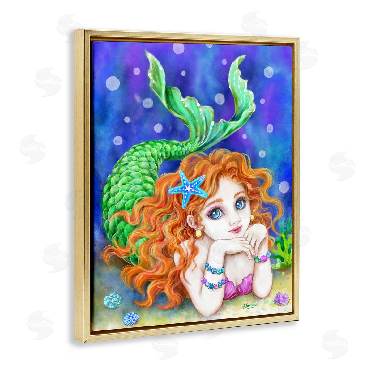Kayomi Harai Relaxing Mermaid Underwater Gold Floating Frame Canvas Wall Art Print