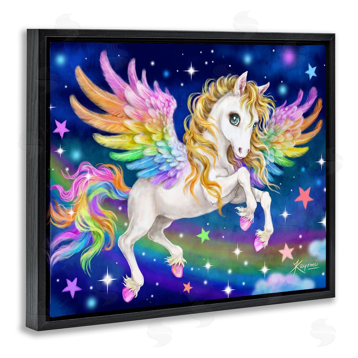 Kayomi Harai Rainbow Unicorn in Space Black Floating Frame Canvas Wall Art Print